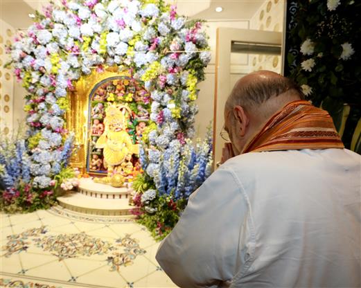 The Union Minister for Home Affairs and Cooperation, Shri Amit Shah offers prayers of Lord Hanuman at Salangpurdhaam, in Gujarat on April 6, 2023.