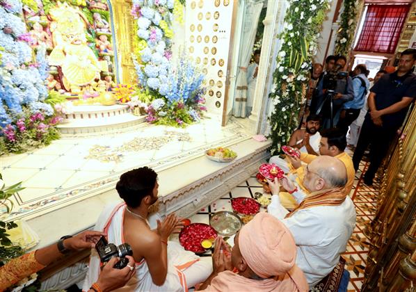 The Union Minister for Home Affairs and Cooperation, Shri Amit Shah offers prayers of Lord Hanuman at Salangpurdhaam, in Gujarat on April 6, 2023.