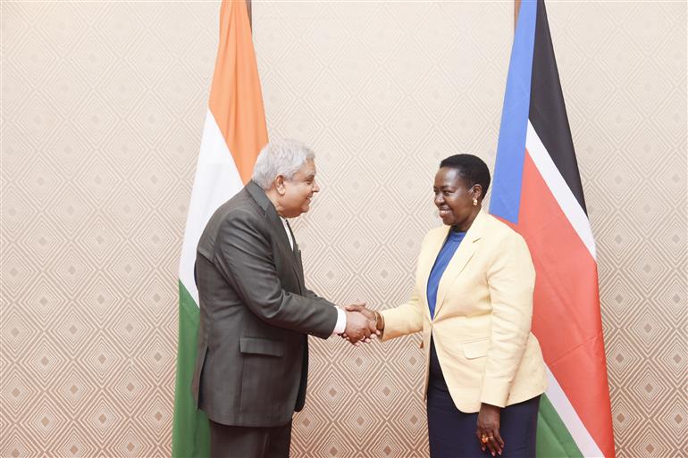 The Vice President & Chairman Rajya Sabha, Shri Jagdeep Dhankhar receiving Ms. Jemma Nunu Kumba, the Speaker of the Transitional National Assembly, at Parliament House, in New Delhi on April 6, 2023.