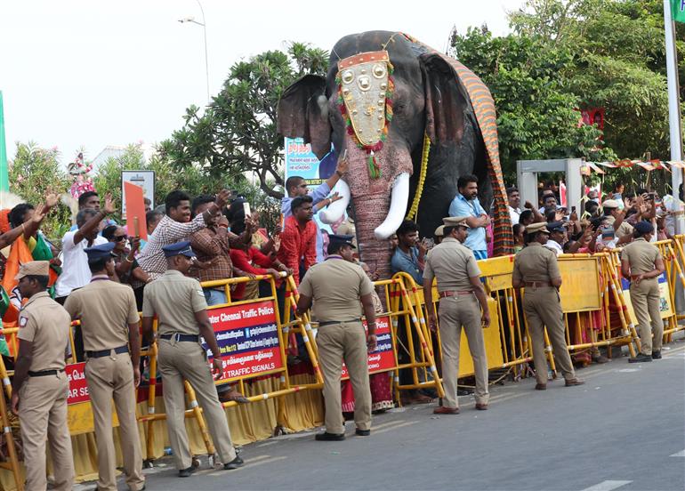 PM being welcomed by people at Chennai, in Tamil Nadu on April 8, 2023.