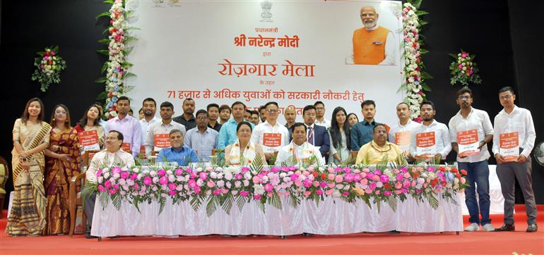 The Union Minister for Ports, Shipping, Waterways and AYUSH, Shri Sarbananda Sonowal attends the event of inauguration of 4th Rozgar Mela at Maligaon, in Guwahati on April 13, 2023. The MP of Guwahati, Smt. Queen Ojha and the other Senior Railway officers are also seen.