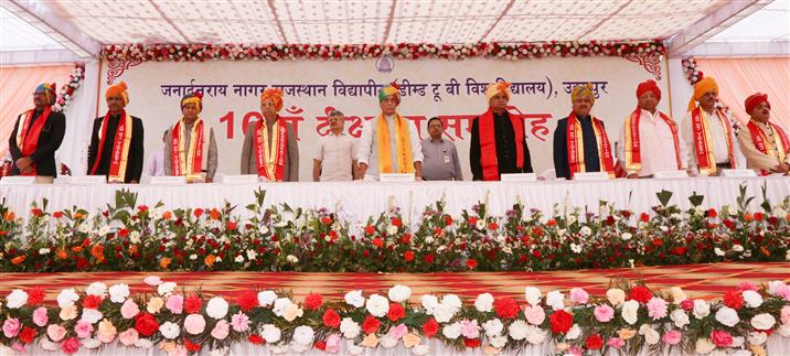 The Union Minister for Defence, Shri Rajnath Singh attends the 16th convocation of Janardan Rai Nagar Rajasthan Vidyapeeth (Deemed-to-be-University) at Udaipur, in Rajasthan on April 15, 2023.