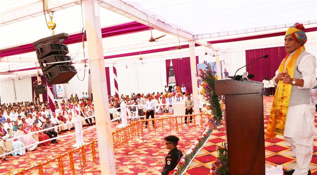 The Union Minister for Defence, Shri Rajnath Singh addressing at the 16th convocation of Janardan Rai Nagar Rajasthan Vidyapeeth (Deemed-to-be-University) at Udaipur, in Rajasthan on April 15, 2023.