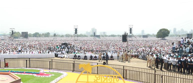 Gathering at Maharashtra Bhushan award giving ceremony at Kharghar, in Maharashtra on April 16, 2023. The Union Minister for Home Affairs and Cooperation, Shri Amit Shah addressing on the occasion.