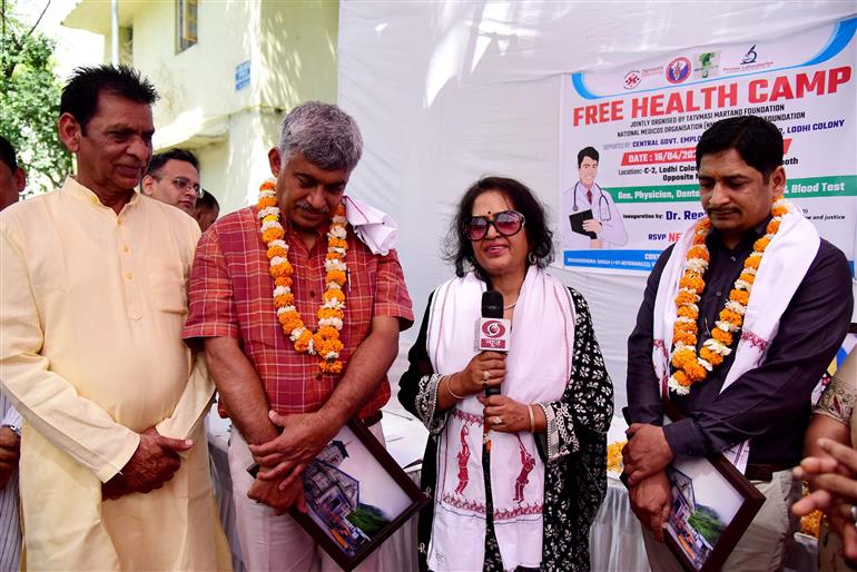 The Secretary, Ministry of Law and Justice, Dr. Reeta Vasishta interacting at the inauguration of Free Health Camp Jointly organised by Tatymasi Martand Foundation, National Medicos Organisation (NMO) & First Step Foundation, in New Delhi on April 16, 2023.