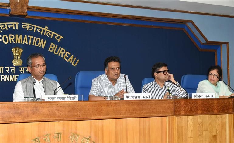 The Secretary (Higher Education), Shri K. Sanjay Murthy holds a curtain raiser press conference on the upcoming 3rd Education Working group meeting and precursory events in Bhubaneswar along with the Secretary (School Education & Literacy), Ministry of Education, Shri Sanjay Kumar in New Delhi on April 17, 2023. The Secretary Ministry of Skill Development and Entrepreneurship, Shri Atul Kumar Tiwari is also seen.