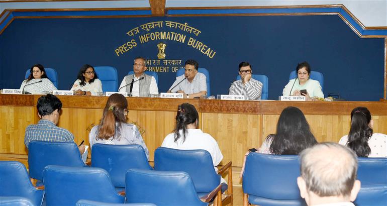 The Secretary (Higher Education), Shri K. Sanjay Murthy holds a curtain raiser press conference on the upcoming 3rd Education Working group meeting and precursory events in Bhubaneswar along with the Secretary (School Education & Literacy), Ministry of Education, Shri Sanjay Kumar in New Delhi on April 17, 2023. The Secretary Ministry of Skill Development and Entrepreneurship, Shri Atul Kumar Tiwari is also seen.