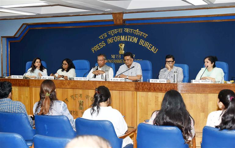 The Secretary (Higher Education), Shri K. Sanjay Murthy holds a curtain raiser press conference on the upcoming 3rd Education Working group meeting and precursory events in Bhubaneswar along with the Secretary (School Education & Literacy), Ministry of Education, Shri Sanjay Kumar in New Delhi on April 17, 2023. The Secretary Ministry of Skill Development and Entrepreneurship, Shri Atul Kumar Tiwari is also seen.