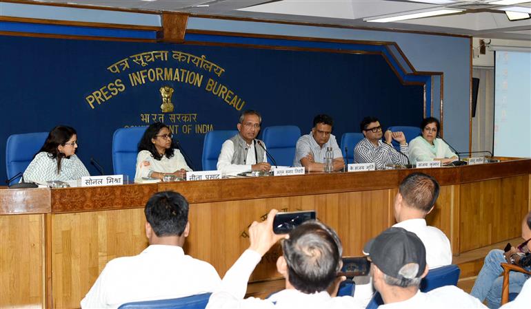 The Secretary (Higher Education), Shri K. Sanjay Murthy holds a curtain raiser press conference on the upcoming 3rd Education Working group meeting and precursory events in Bhubaneswar along with the Secretary (School Education & Literacy), Ministry of Education, Shri Sanjay Kumar in New Delhi on April 17, 2023. The Secretary Ministry of Skill Development and Entrepreneurship, Shri Atul Kumar Tiwari is also seen.