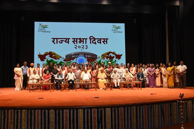 The Vice President & Chairman Rajya Sabha, Shri Jagdeep Dhankhar attends the celebration of Rajya Sabha Day-2023 along with the Dr. Sudesh Dhankhar at Parliament House, in New Delhi on April 20, 2023.