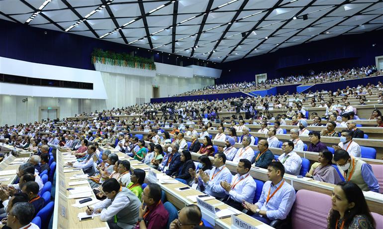Gathering on the 16th Civil Services Day celebrations at Vigyan Bhawan, in New Delhi on April 21, 2023. PM addressing on the occasion.