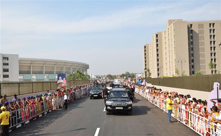 PM being welcomed by people at Silvassa, in Dadra and Nagar Haveli on April 25, 2023.