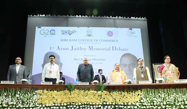 The Vice President, Shri Jagdeep Dhankhar at the inauguration of the Award Ceremony of the 1st Arun Jaitley Memorial Debate at Shri Ram College of Commerce, University of Delhi, in New Delhi on April 26, 2023.