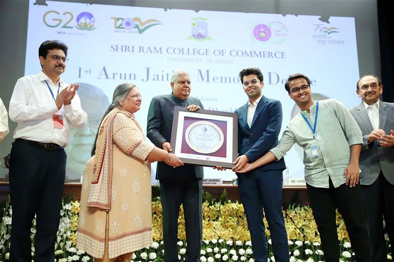 The Vice President, Shri Jagdeep Dhankhar at the inauguration of the Award Ceremony of the 1st Arun Jaitley Memorial Debate at Shri Ram College of Commerce, University of Delhi, in New Delhi on April 26, 2023.