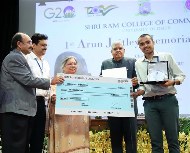 The Vice President, Shri Jagdeep Dhankhar at the inauguration of the Award Ceremony of the 1st Arun Jaitley Memorial Debate at Shri Ram College of Commerce, University of Delhi, in New Delhi on April 26, 2023.