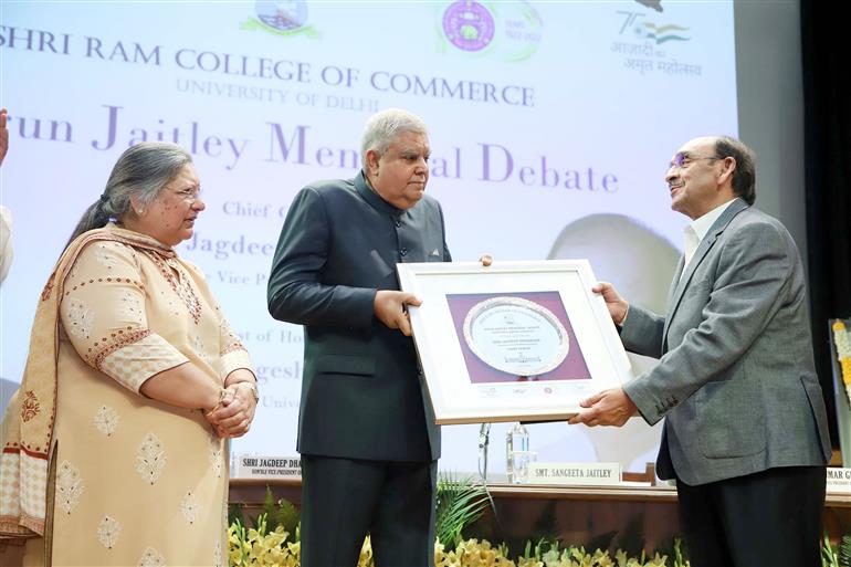 The Vice President, Shri Jagdeep Dhankhar at the inauguration of the Award Ceremony of the 1st Arun Jaitley Memorial Debate at Shri Ram College of Commerce, University of Delhi, in New Delhi on April 26, 2023.