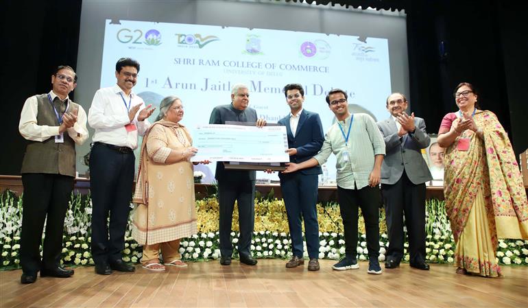 The Vice President, Shri Jagdeep Dhankhar at the inauguration of the Award Ceremony of the 1st Arun Jaitley Memorial Debate at Shri Ram College of Commerce, University of Delhi, in New Delhi on April 26, 2023.