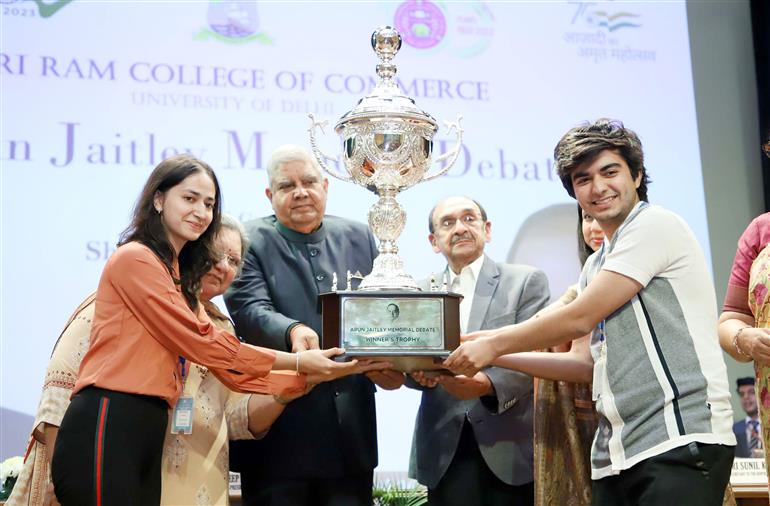 The Vice President, Shri Jagdeep Dhankhar at the inauguration of the Award Ceremony of the 1st Arun Jaitley Memorial Debate at Shri Ram College of Commerce, University of Delhi, in New Delhi on April 26, 2023.