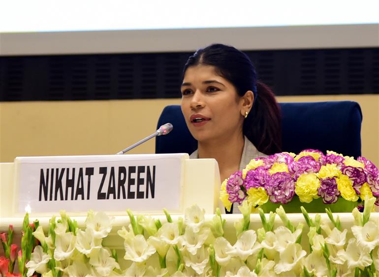 The Boxer Player, Nikhat Zareen at the inauguration of National Conclave on Mann Ki Baat @100 at Vigyan Bhawan, in New Delhi on April 26, 2023.