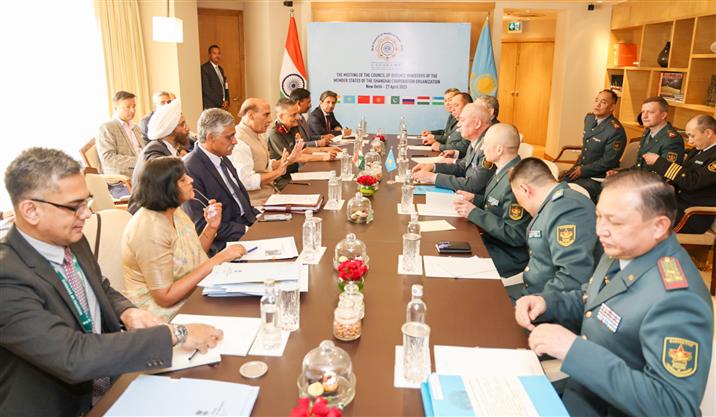 The Union Minister for Defence, Shri Rajnath Singh holding bilateral meeting with his Kazakhstani counterpart, Colonel General Ruslan Zhaxylykov on the side lines of SCO Defence Ministers, in New Delhi on April 27, 2023.