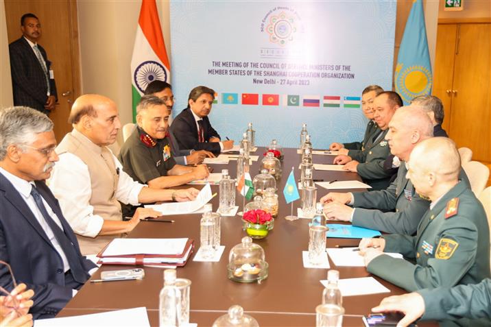 The Union Minister for Defence, Shri Rajnath Singh holding bilateral meeting with his Kazakhstani counterpart, Colonel General Ruslan Zhaxylykov on the side lines of SCO Defence Ministers, in New Delhi on April 27, 2023.