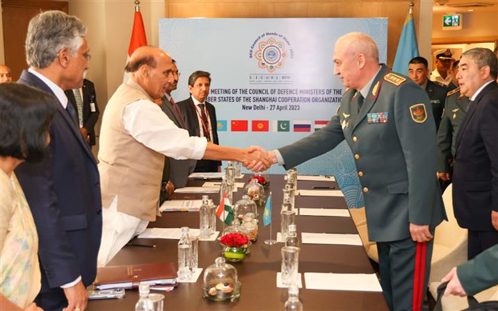 The Union Minister for Defence, Shri Rajnath Singh holding bilateral meeting with his Kazakhstani counterpart, Colonel General Ruslan Zhaxylykov on the side lines of SCO Defence Ministers, in New Delhi on April 27, 2023.