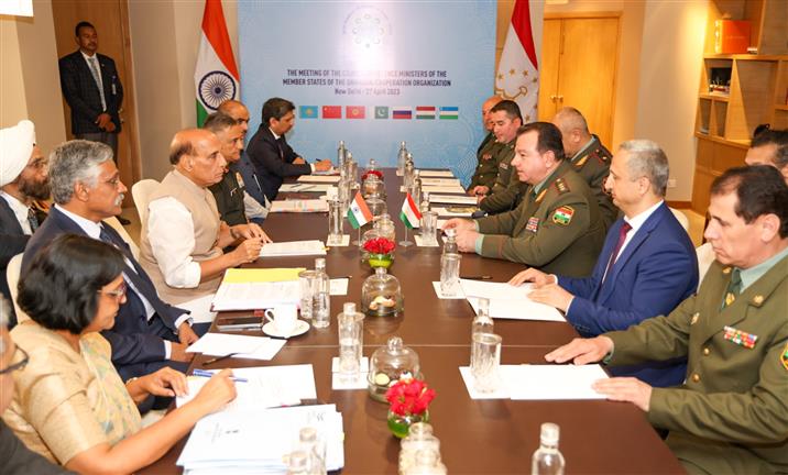 The Union Minister for Defence, Shri Rajnath Singh in a bilateral meeting with the Minister of Defence of Tajikistan, Colonel General Sherali Mirzo on the sidelines of Shanghai Cooperation Organisation (SCO) Defence Ministers, in New Delhi on April 27, 2023.