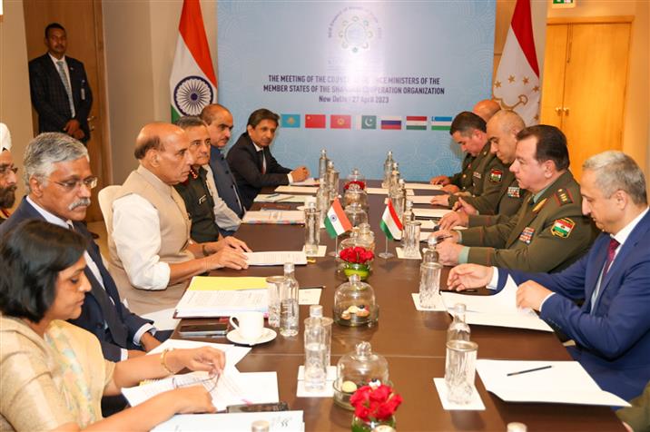 The Union Minister for Defence, Shri Rajnath Singh in a bilateral meeting with the Minister of Defence of Tajikistan, Colonel General Sherali Mirzo on the sidelines of Shanghai Cooperation Organisation (SCO) Defence Ministers, in New Delhi on April 27, 2023.