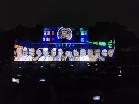 Ministry of Culture organises projection mapping shows at 13 iconic locations including Pradhan Mantri Sangrahalaya to celebrate the completion of 100 episodes of Mann Ki Baat, in New Delhi on April 29, 2023.