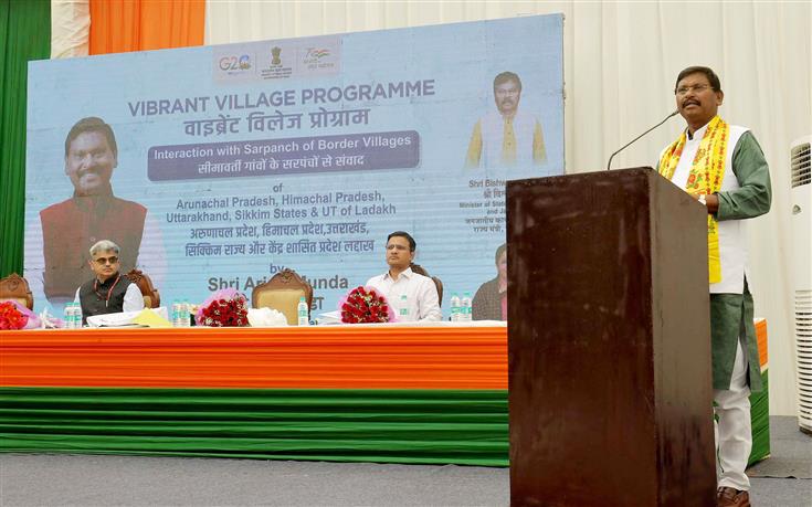 The Union Minister for Tribal Affairs, Shri Arjun Munda addressing at the Vibrant Village Programme, in New Delhi on August 14, 2023.