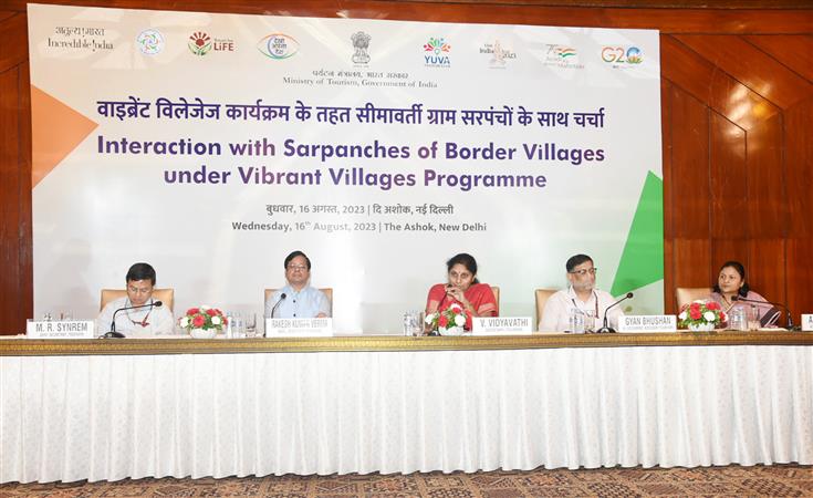 The Secretary, Ministry of Tourism, Smt. V. Vidyavathi addressing at the interaction programme with Sarpanches of Border Villages under the Vibrant Villages Programme, in New Delhi on August 16, 2023.
