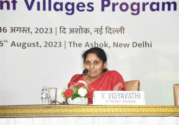 The Secretary, Ministry of Tourism, Smt. V. Vidyavathi addressing at the interaction programme with Sarpanches of Border Villages under the Vibrant Villages Programme, in New Delhi on August 16, 2023.