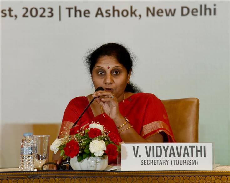 The Secretary, Ministry of Tourism, Smt. V. Vidyavathi addressing at the interaction programme with Sarpanches of Border Villages under the Vibrant Villages Programme, in New Delhi on August 16, 2023.