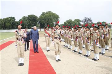 The Vice President, Shri Jagdeep Dhankhar inspecting the Guard of Honour on his arrival at his Alma Mater, Sainik School at Chittorgarh, in Rajasthan on August 22, 2023.