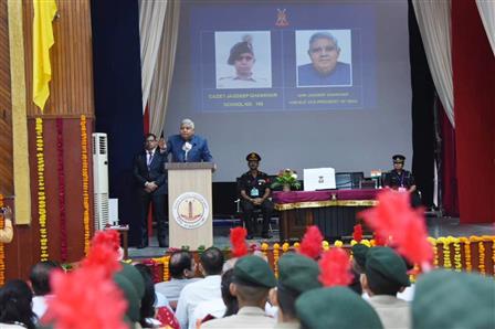 The Vice President, Shri Jagdeep Dhankhar addressing the students, faculty members and alumni at Sainik School, Chittorgarh, in Rajasthan on August 22, 2023.