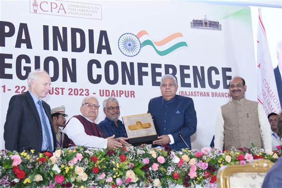 The Vice President and Chairman of Rajya Sabha, Shri Jagdeep Dhankhar attends the valedictory session of 9th  Commonwealth Parliamentary Association-India Region Conference at Udaipur, in Rajasthan on August 22, 2023.