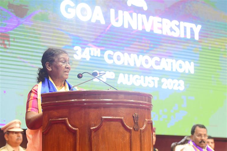 The President of India, Smt Droupadi Murmu addressing at the 34th convocation of Goa University at Raj Bhavan, in Goa on August 23, 2023.