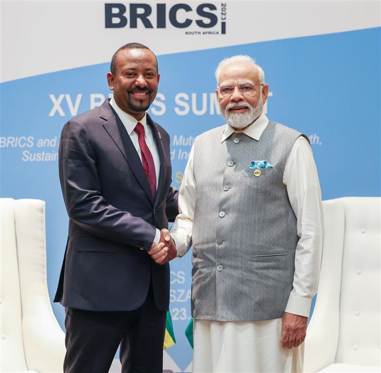 PM in a bilateral meeting with the Prime Minister of the Federal Democratic Republic of Ethiopia, Mr. Abiy Ahmed during the 15th BRICS Summit at Johannesburg, in South Africa on August 24, 2023.