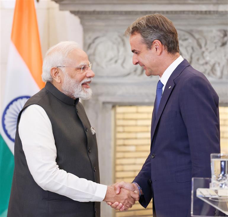 PM addressing the Press meet with the Prime Minister of Greece, Mr Kyriakos Mitsotakis at Athens, in Greece on August 25, 2023.