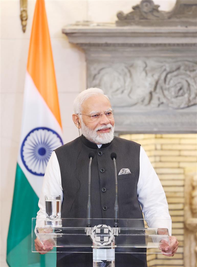 PM addressing the Press meet with the Prime Minister of Greece, Mr Kyriakos Mitsotakis at Athens, in Greece on August 25, 2023.