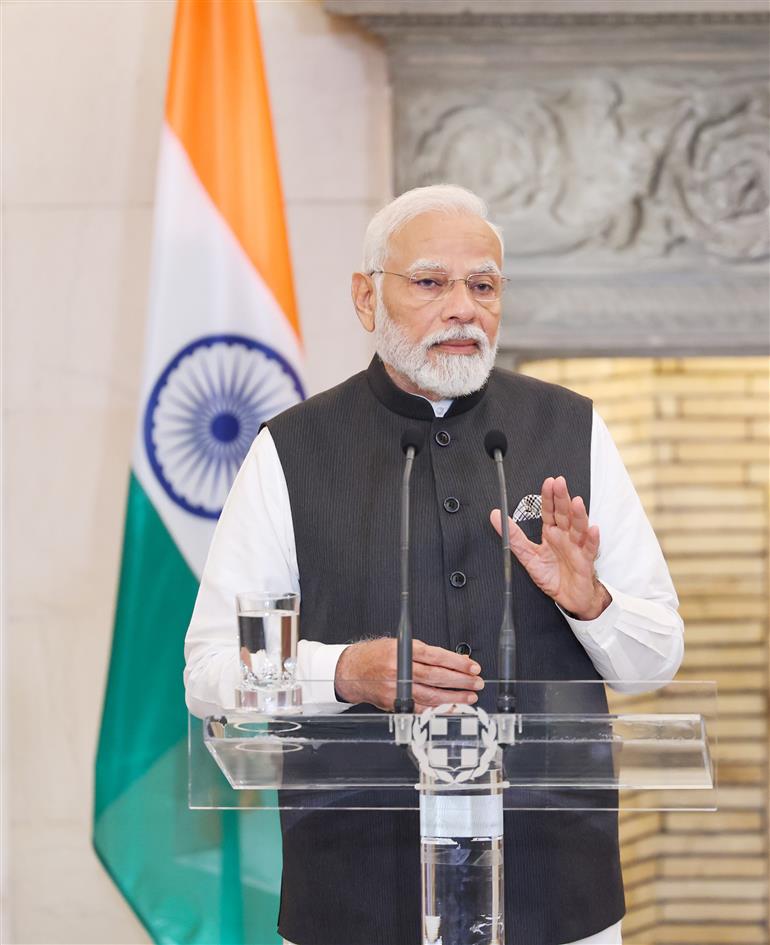 PM addressing the Press meet with the Prime Minister of Greece, Mr Kyriakos Mitsotakis at Athens, in Greece on August 25, 2023.