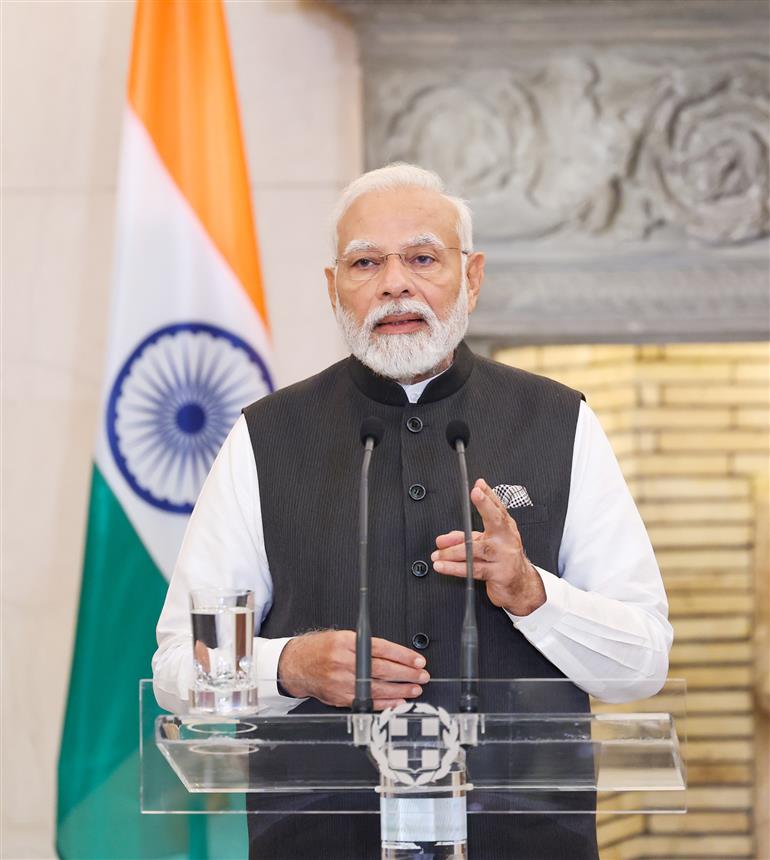 PM addressing the Press meet with the Prime Minister of Greece, Mr Kyriakos Mitsotakis at Athens, in Greece on August 25, 2023.