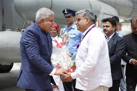 The Vice President and Chairman of Rajya Sabha, Shri Jagdeep Dhankhar being welcomed by the Governor of Rajasthan, Shri Kalraj Mishra and the Minister of Agriculture of Rajasthan, Shri Lalchand Kataria on his arrival at Jaipur, in Rajasthan on August 27, 2023.