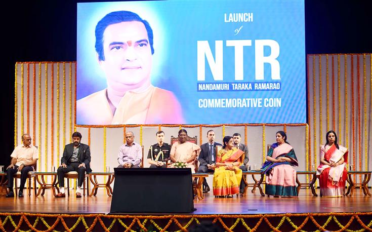 The President of India, Smt Droupadi Murmu at the release of the commemorative coin on Late Shri NT Rama Rao on his centenary year at Rashtrapati Bhavan Cultural Centre, in New Delhi on August 28, 2023.