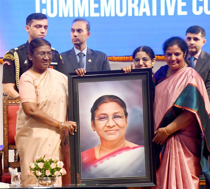 The President of India, Smt Droupadi Murmu at the release of the commemorative coin on Late Shri NT Rama Rao on his centenary year at Rashtrapati Bhavan Cultural Centre, in New Delhi on August 28, 2023.