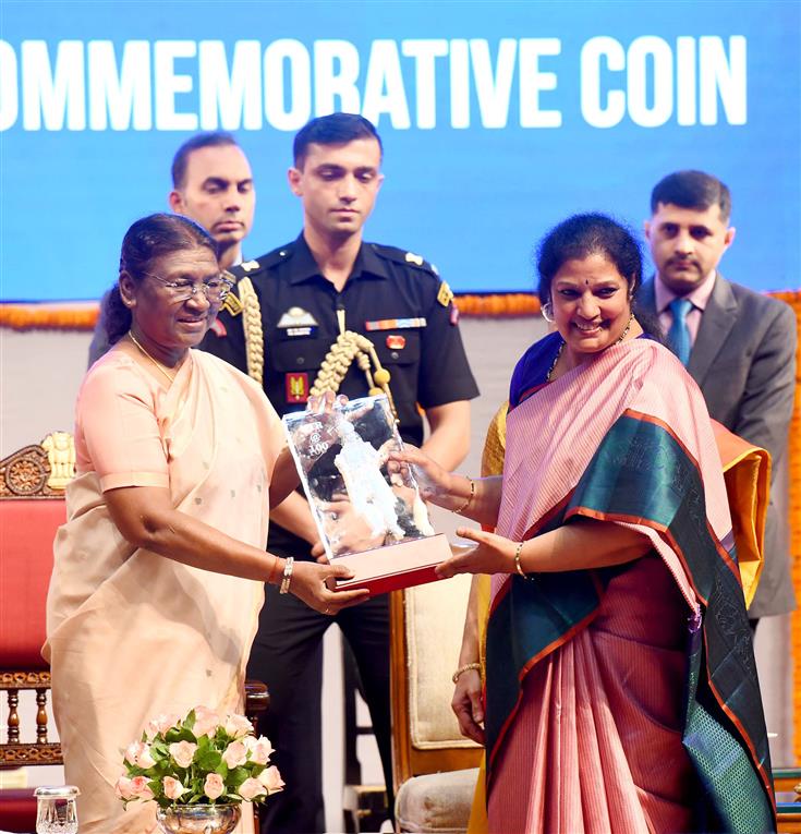 The President of India, Smt Droupadi Murmu at the release of the commemorative coin on Late Shri NT Rama Rao on his centenary year at Rashtrapati Bhavan Cultural Centre, in New Delhi on August 28, 2023.