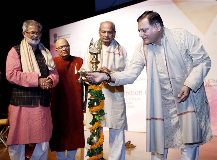 The Film Actor, Shri Manoj Joshi lighting the lamp at awards ceremony of 63rd National Exhibition of Art, in New Delhi on August 28, 2023.