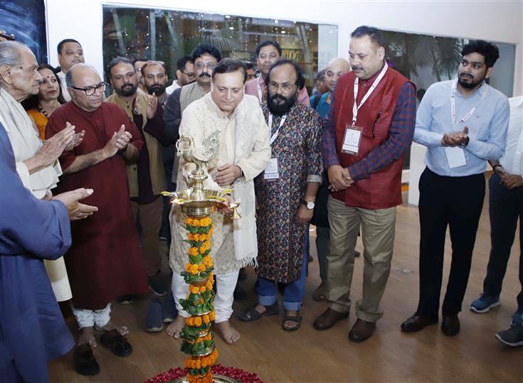 The Film Actor, Shri Manoj Joshi lighting the lamp at the inauguration of 63rd National Exhibition of Art, in New Delhi on August 28, 2023.