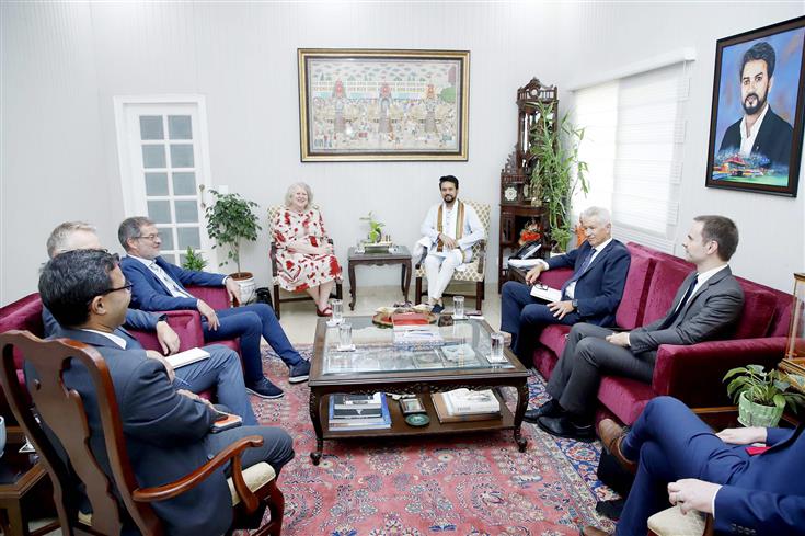 The Union Minister for Information & Broadcasting, Youth Affairs and Sports, Shri Anurag Singh Thakur meets the Chair of the Board of the Global Fund, Lady Roslyn Morauta, in New Delhi on August 30, 2023.