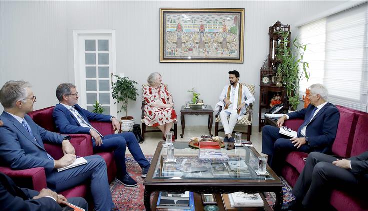 The Union Minister for Information & Broadcasting, Youth Affairs and Sports, Shri Anurag Singh Thakur meets the Chair of the Board of the Global Fund, Lady Roslyn Morauta, in New Delhi on August 30, 2023.